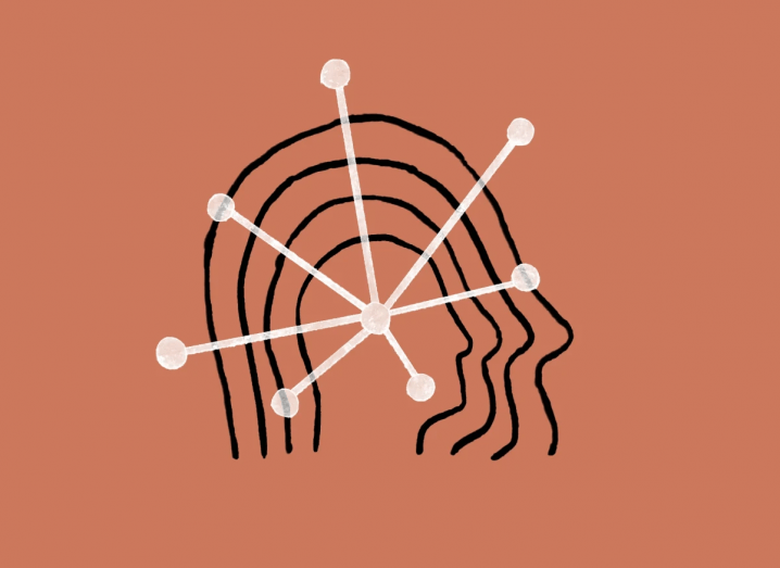 Illustration of concentric human heads with white lines emerging out of the centre on a red background. Symbolises the generative AI capabilities of Claude 2 by Anthropic.