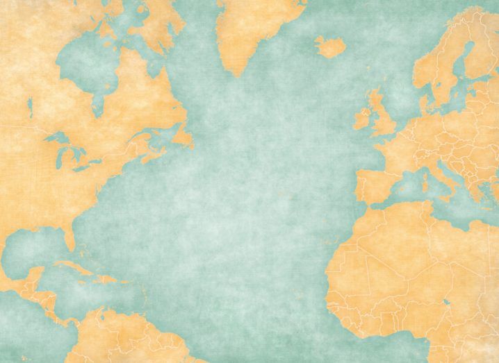 An old-fashioned looking map of the North Atlantic Ocean and countries either side of it.