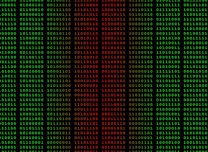 Illustration of binary code, separated in small lines, with the two middle rows of code being red while other rows are green. Used as a concept for generative AI being used for cyberattacks.