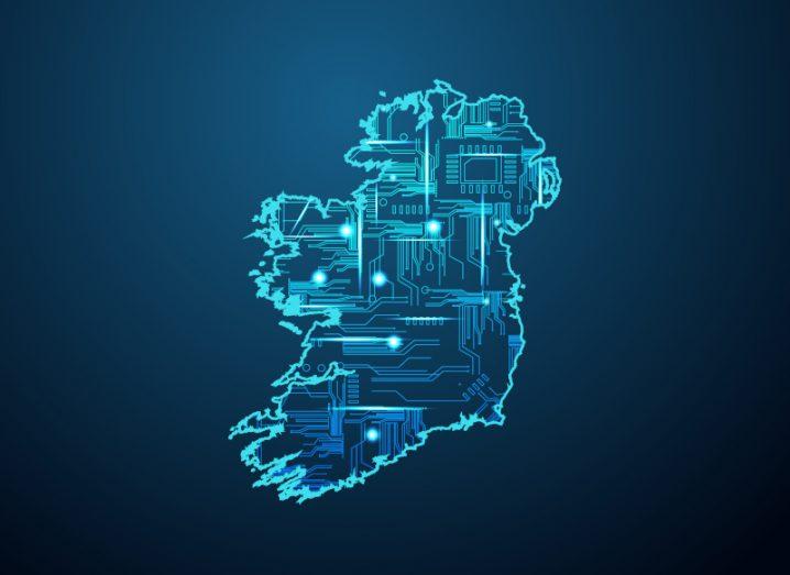 Illustration of the map of Ireland with a blue circuit board design.