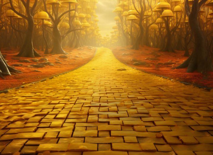 Illustration of a yellow brick road in the middle of a forest, with the sun in the distance. Generated by AI.
