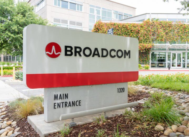 A large sign with the Broadcom logo outside an office.