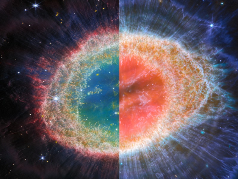 A colourful image of a nebula in space with a line down the centre. The left side is more blue and green, while the right is an intense red and orange.