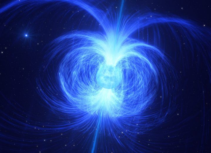 Artist's impression of a magentic star that could turn into magnetars. Blue light emerging out of both ends of a star.