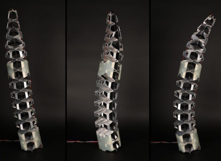Three images of the new lightweight material shaped like a spine that was inspired by kirigami.