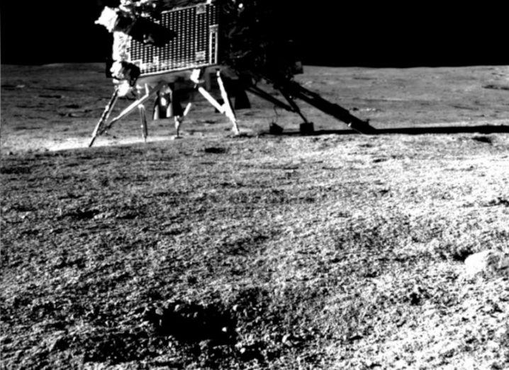 Black and white photo of the VIkram lander that was part of the Chandrayaan-3 mission by India to land a rover on the moon.