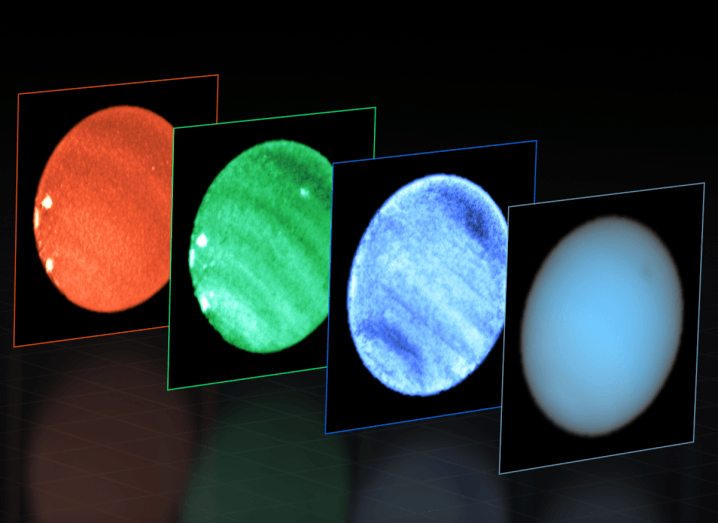 Four separate images of Neptune in different colours to better understand the dark spot.