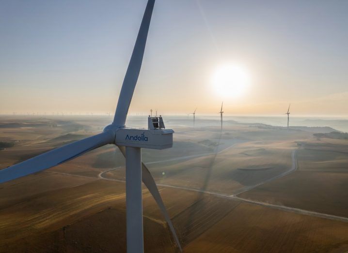 Aerial photo of a wind turbine in the Andella wind farm in Spain that has been acquired by Greencoat Renewables.