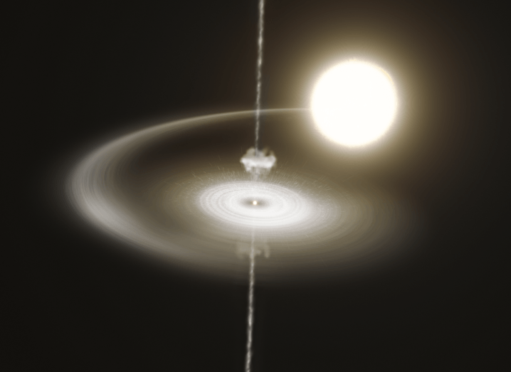 Illustration of a pulsar spinning rapidly and taking matter from a star close to it while emitting electromagnetic radiation from each of its poles.
