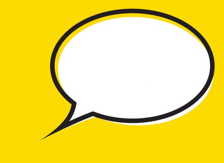 A large white speech bubble against a yellow background.