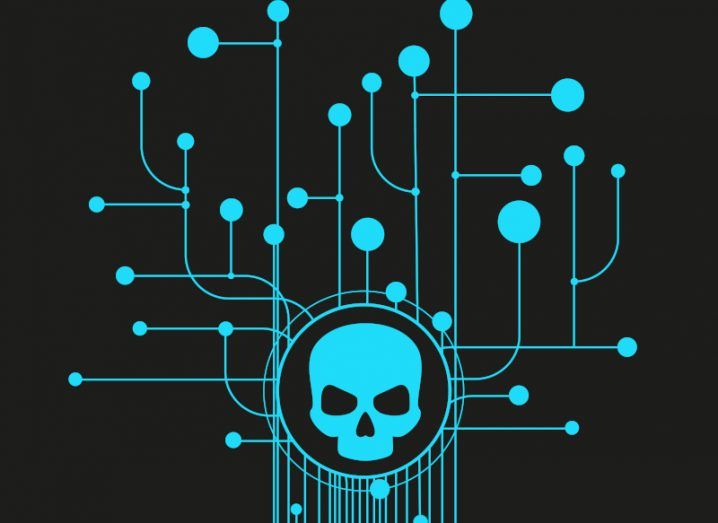 A blue skull outline surrounded by a circle and a network of other dispersed lines, symbolising malware and botnet infrastructure.