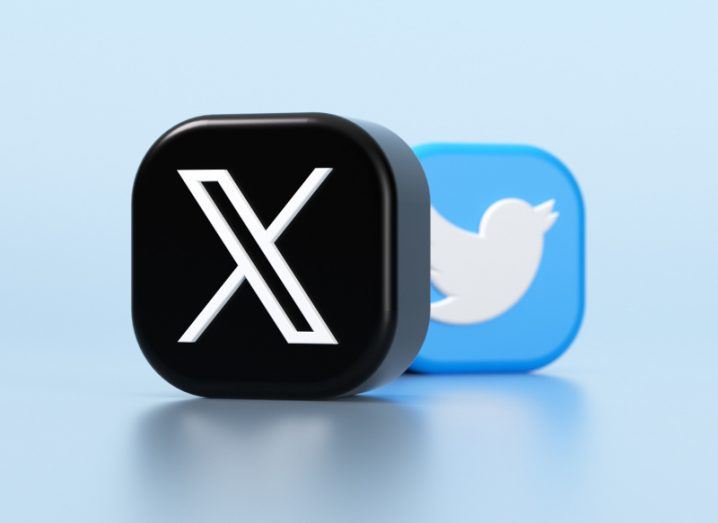 3D blocky X and Twitter logos on a pale blue background.