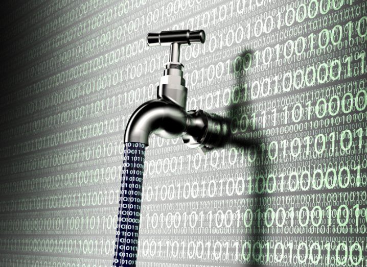 Illustration of a tap on a wall made of code, with liquid code pouring out from the nozzle. Used as a concept for a data breach.