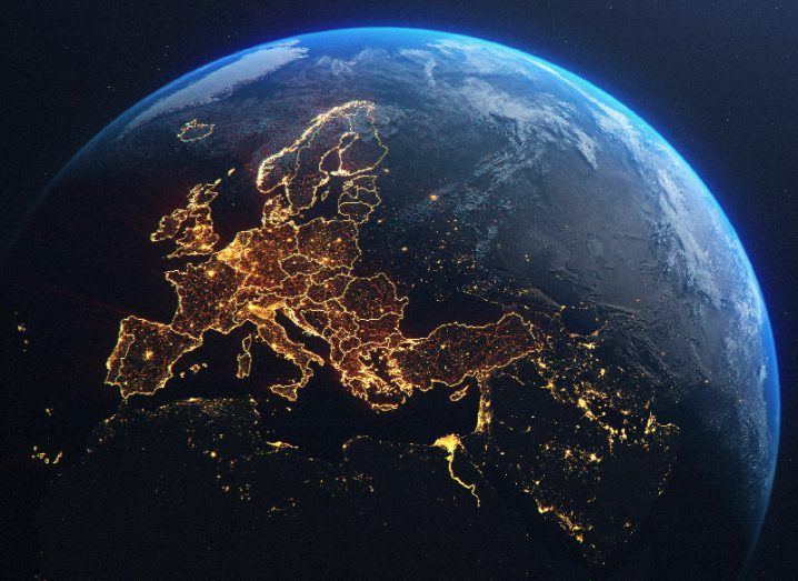 The Earth in space, with lights illuminating multiple countries in Europe.