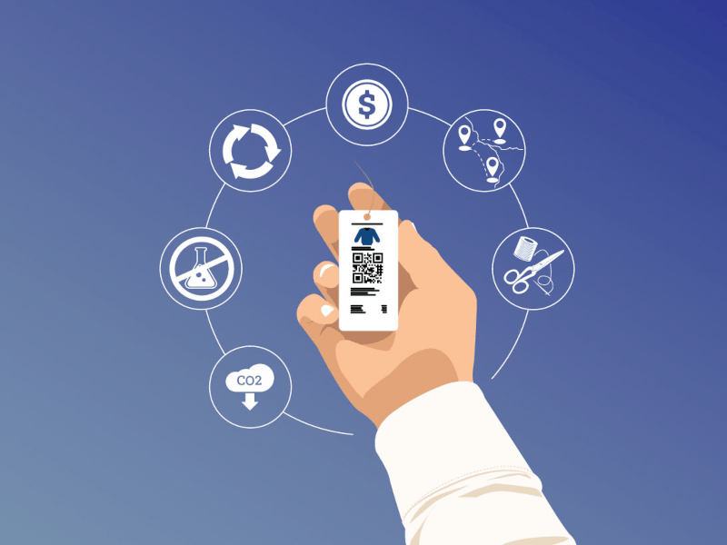 A hand holds a label with a qr code and there are white symbols of recycling, info, cost, location and other data points in white on a blue background. It's the Trace4Value project logo.