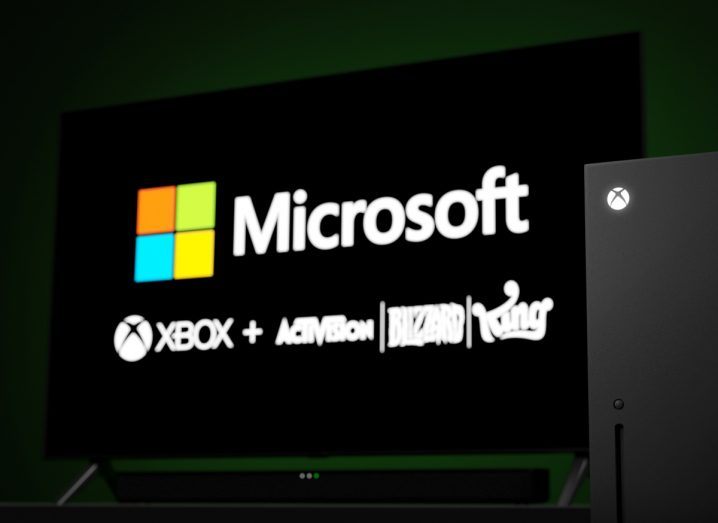 A TV screen that has the Microsoft logo on it, along with the logos of Xbox and Activision. An Xbox can be seen in the foreground.