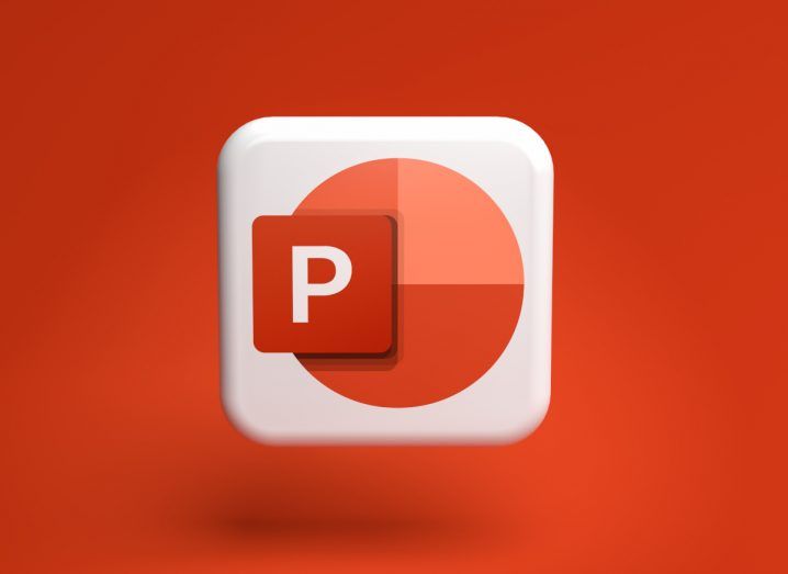 Bright orange and white PowerPoint logo floating on the same bright orange background.