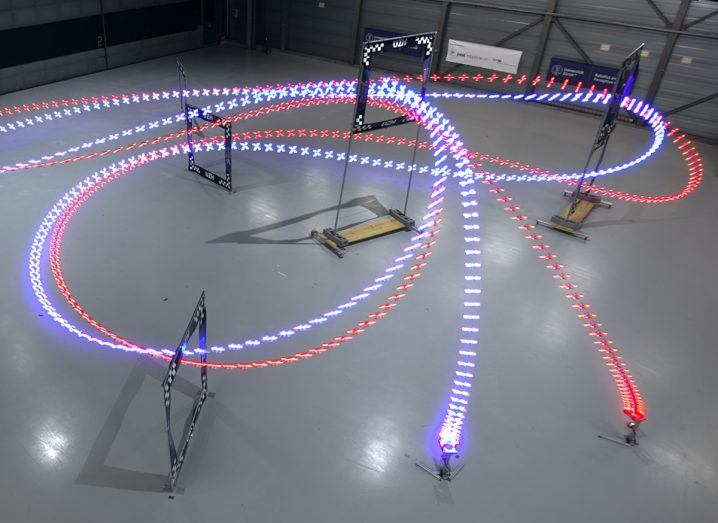 Still from a drone racing competition with one of the competitors powered by Swift AI.