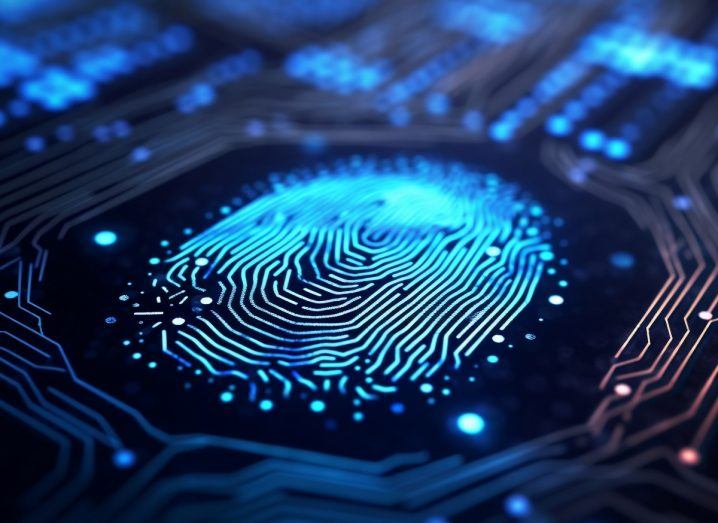 Illustration of a fingerprint on what appears to be a computer chip board. It symbolises digital forensics, the field that Binalyze specialises in.
