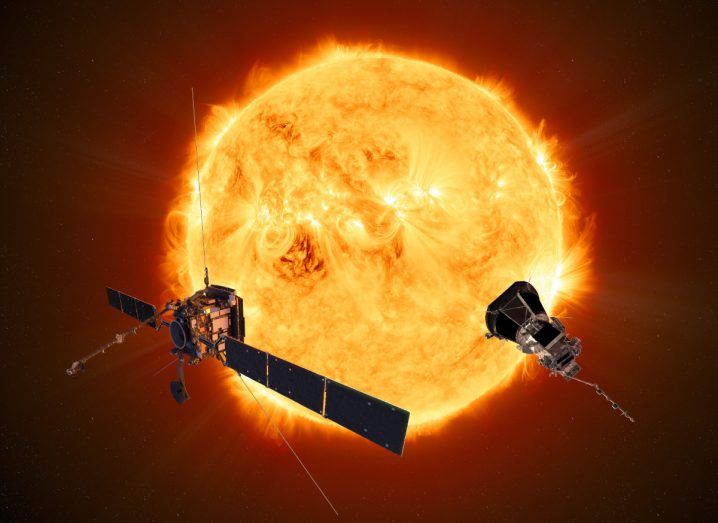 Illustration of the ESA Solar Orbiter and the NASA Parker Solar Probe in front of the sun.