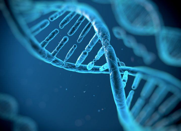 A deep blue illustration of a DNA strand.