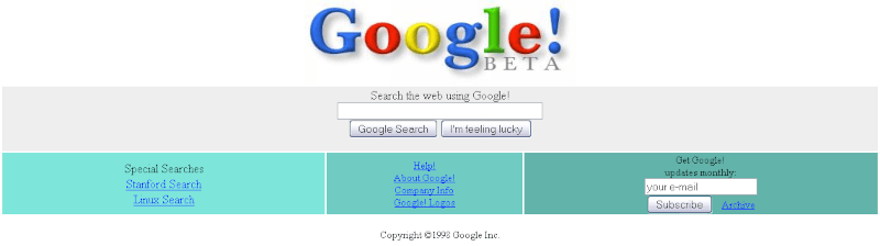 A screenshot of the Google search engine user interface from 1996 with old logo and clunky buttons.