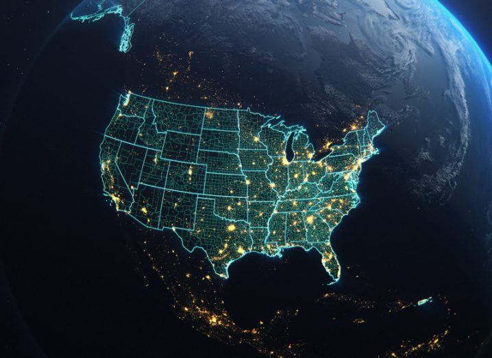 A view of the Earth from space, with a blue outline across the US and its states.