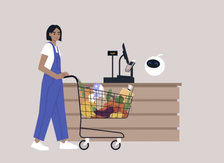 Illustration of a woman shopping with a trolley in front of her and a floating robot next to a cashier till. Used as a concept for AI in retail.