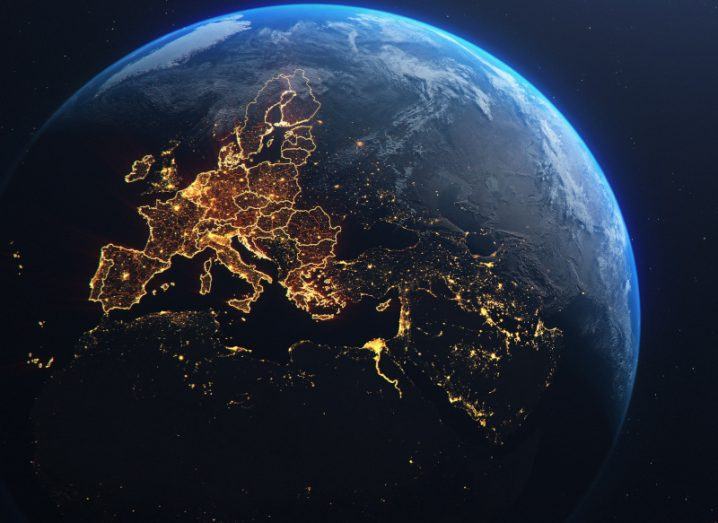 Planet Earth from space with Europe highlighted in yellow with lots of lit-up dots, symbolising deep tech in Europe.