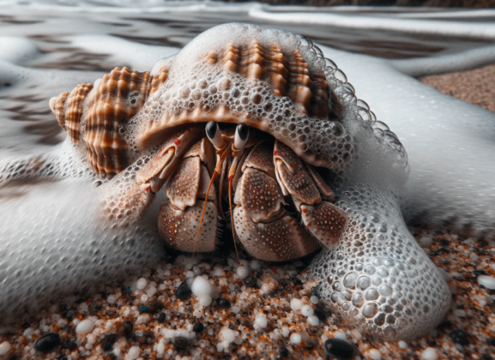 AI-generated image of a crab on a beach with foamy water on its back. Created by Dall-E 3.