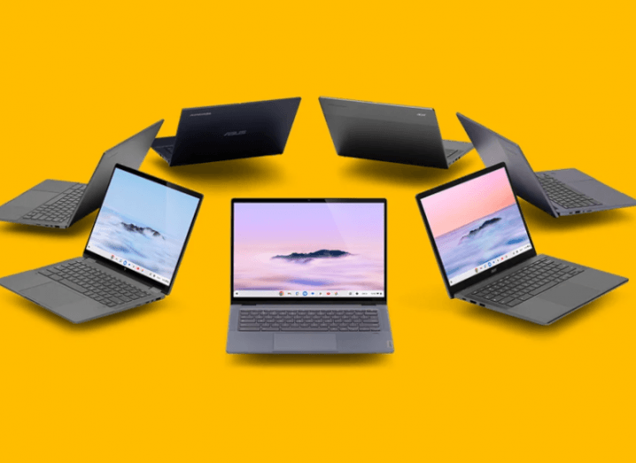 A circle of Google Chromebook Plus laptops, in an orange background.