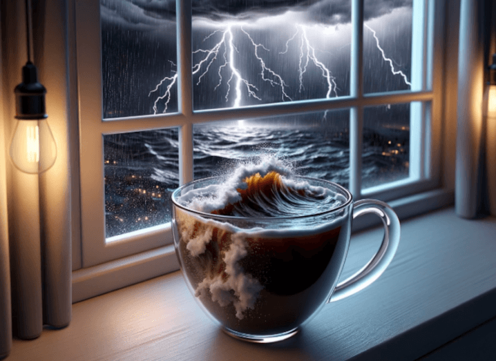 AI-generated image of a cup in front of a window with a storm and the sea visible outside.
