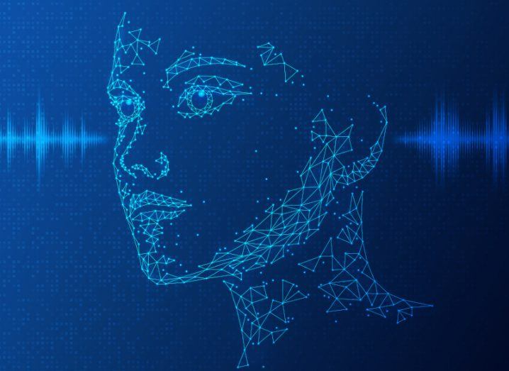 A conceptual image of a connected dots and lines making up a face with audio lines in the background.