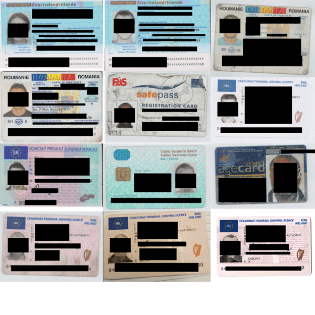 12 identification documents with the names and faces of individuals hidden.