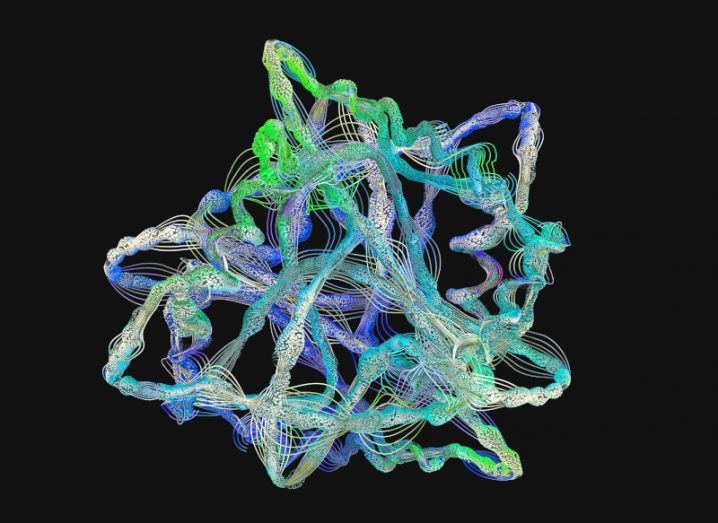 A 3D illustration of a protein, with different-coloured strands around each other to form the molecule.