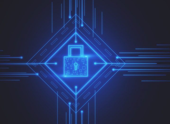 Illustration of a blue lock with lines moving toward it from multiple angles. Used to represent the concept of AI and cybersecurity.