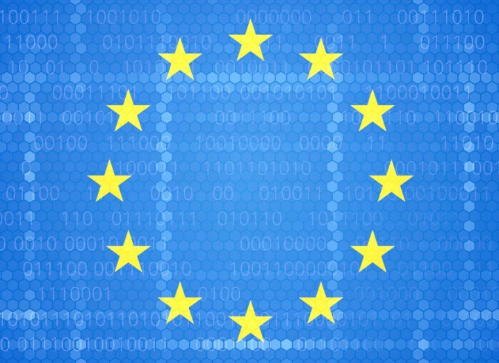EU flag on a light blue background with binary code written on it.