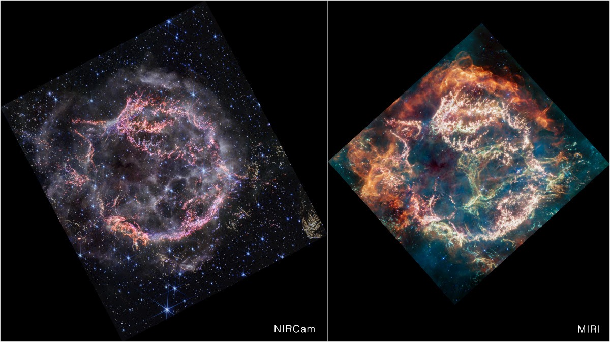 Two images of the same supernova remnant, but with different details in each one. The one on the left shows purple, pink and orange gas, while the image on the right presents a brighter image with waves of orange and green gas.