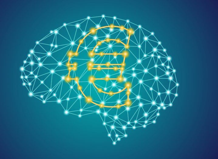 Illustration of multiple dots of lights with lines connecting them into the shape of a human brain, with a euro sign in the middle of it.