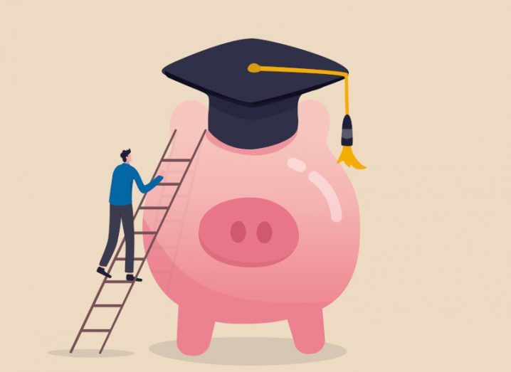 Illustration of a large piggy bank with a graduation hat on it. A person is climbing up the piggy bank on a ladder.