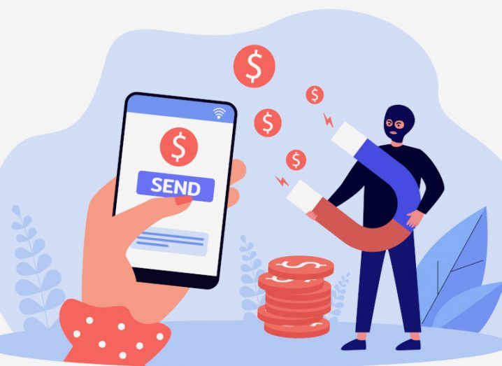 Illustration of a person holding a phone that has a 'send' button, with a person wearing a black mask in the background. The person in the mask is holding a large magnet which is being used to collect coins with the dollar symbol on them. Used as a concept for cybercrime and deceptive loan apps.