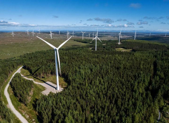 Aerial view of a forest and a field with multiple wind turbines visible across the land, with a blue sky and the sea in the background.