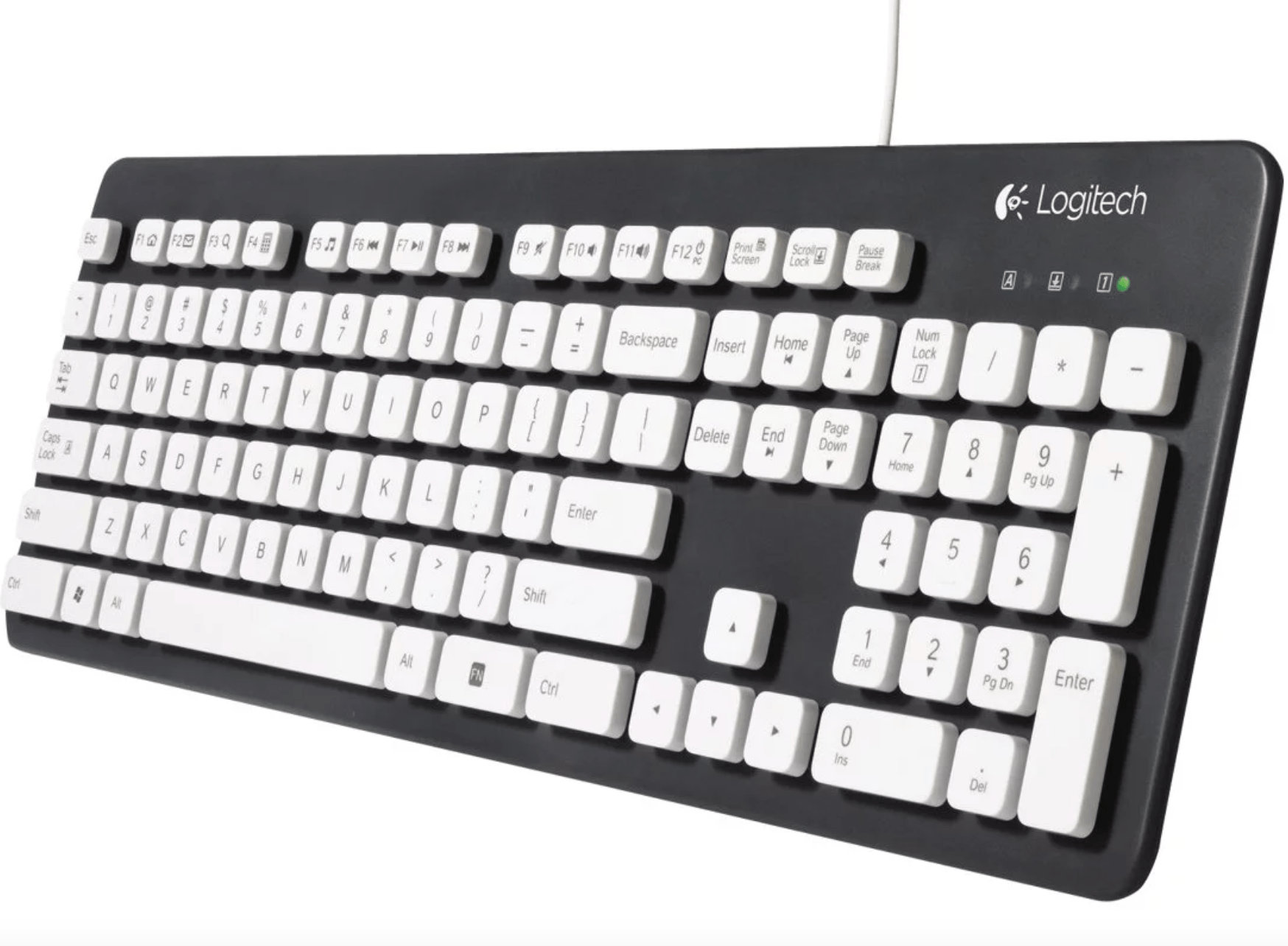 Black and white keyboard by Logitech on a white background.