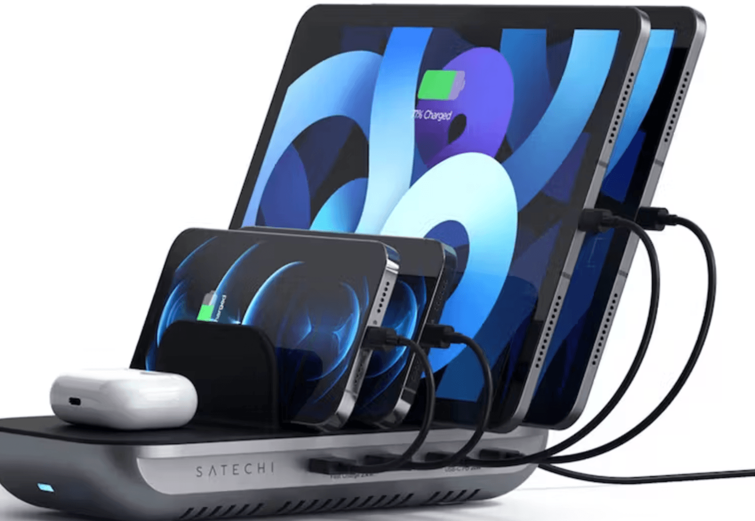 Satechi Dock5 Multi-Device Charging Station with devices plugged in.