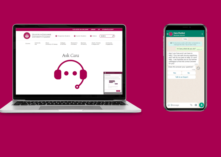 Image of a laptop and smartphone with the Cara chatbot open on the screen. Deep pink background.