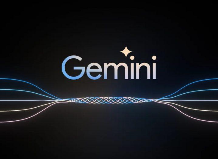 The text Gemini written on a screen with a thread-like graphic underneath it. The background is black.