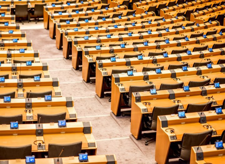 Empty seats inside the European Parliament in Brussels.