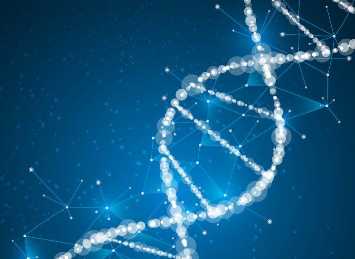 Illustration of a strand of DNA in a blue background.