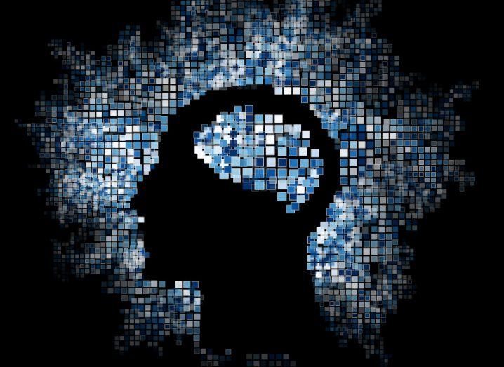 Illustration of a silhouette of a person's head with a brain in it made of blue pixels, with other blue pixels surrounding the silhouette. Used to represent the concept of generative AI.