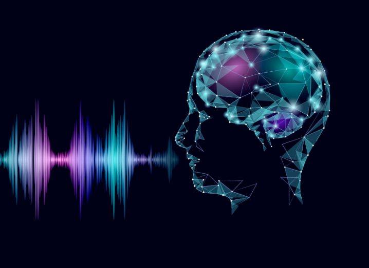 Illustration of a person's head and brain next to an audio wavelength. Used to represent the concept of AI-generated voices.